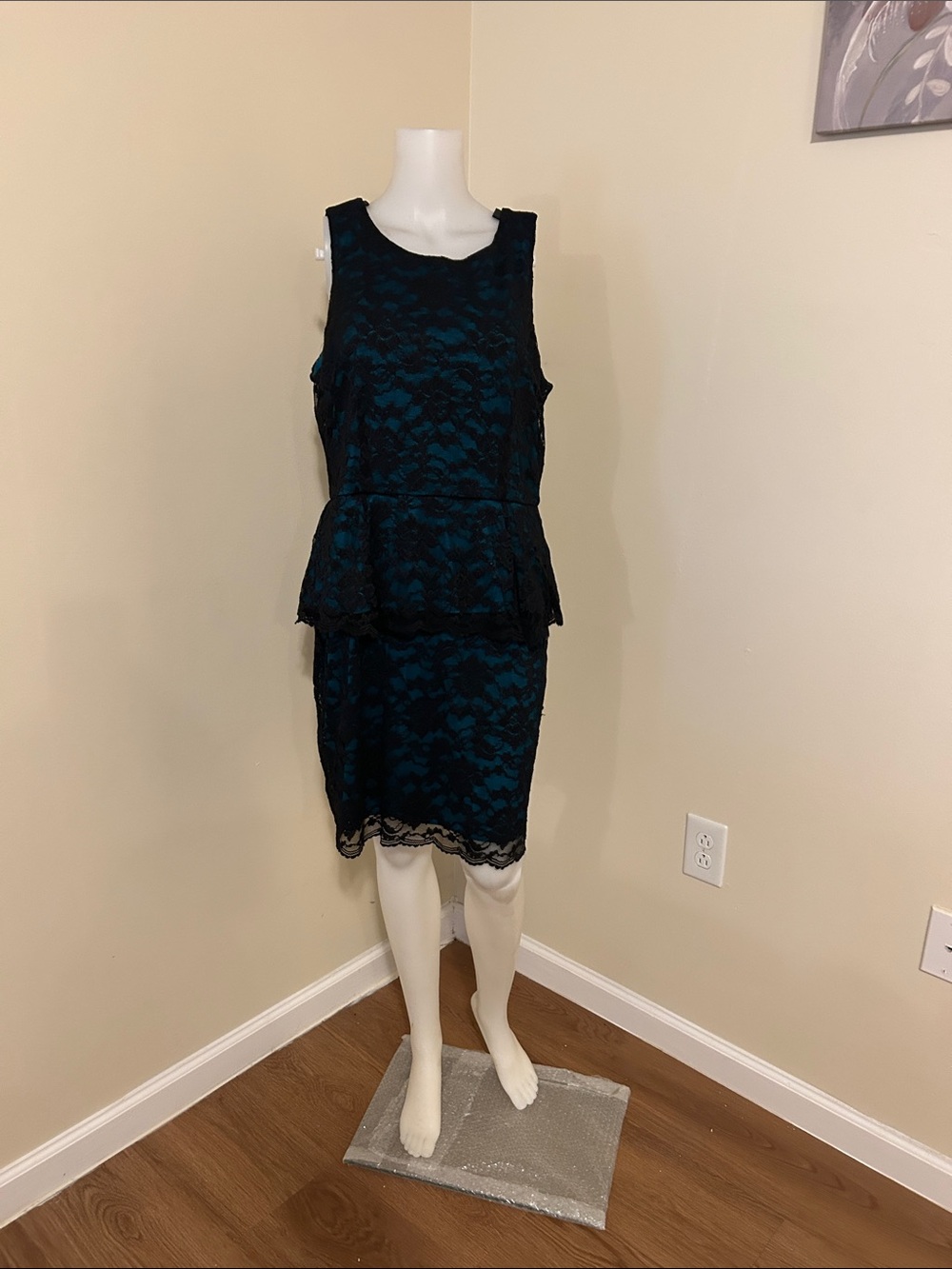 Nicole Miller Teal and Black Lace Peplum Midi Dress